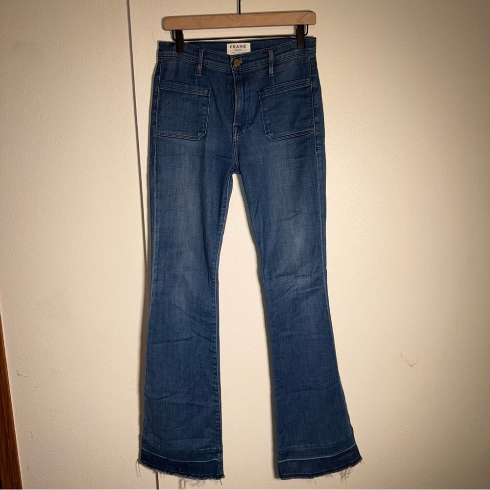 FRAME 70s style designer exposed pocket raw distressed hem flare denim jeans 27 - Picture 4 of 7